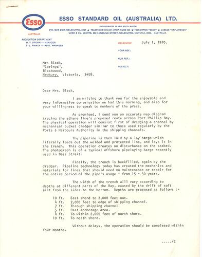 Letter - To Hope Black from Esso Standard Oil (Aust) Ltd, 1 Jul 1970