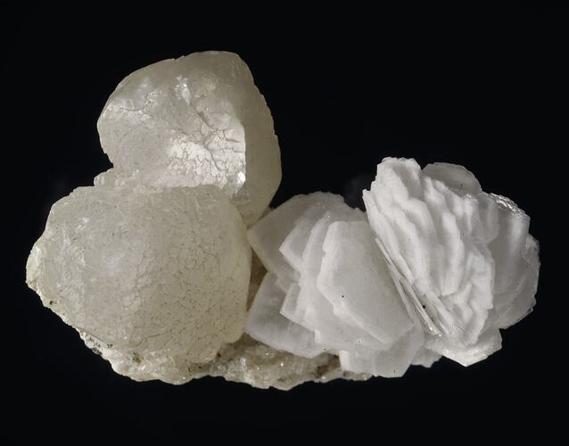 Platy white mineral and blocky white minerals on a thin rock specimen.