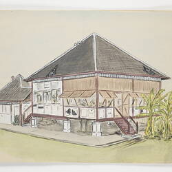 Off-white open book page, with drawing of a house.