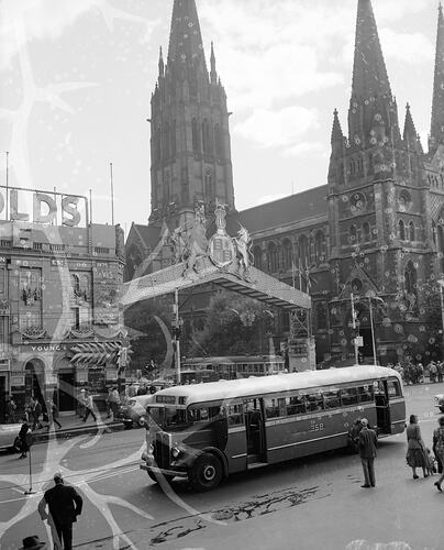 Associated Equipment Co, Bus in Streetscape, Flinders Street, Melbourne, Victoria, Mar 1954