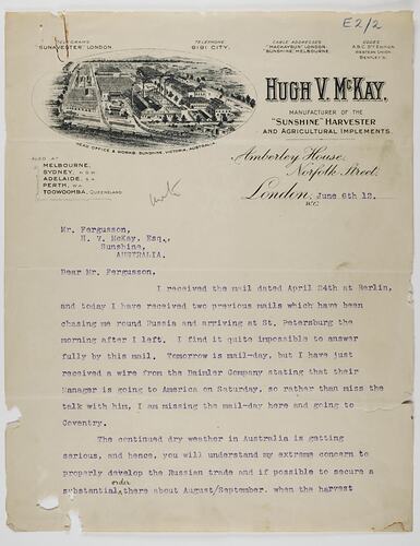 Letter - H. V. McKay, to D. B. Ferguson, Business Matters, 6 Dec 1912