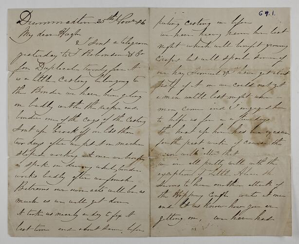 Letter - Nathanial McKay, to H. V. McKay, News from Drummartin, 25 Nov 1886