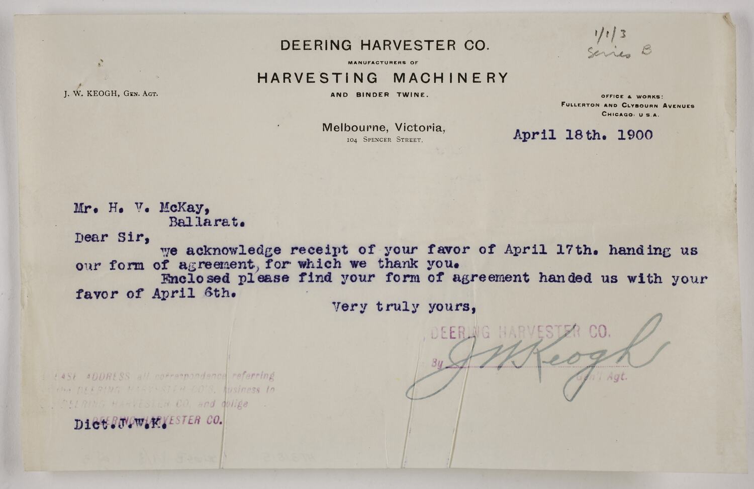 Letter & Memorandum of Agreement - Deering Harvester Co ...