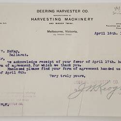 Letter & Memorandum of Agreement - Deering Harvester Co., to Mr H.V. McKay, Agency for Combine Harvester, 18 Apr 1900