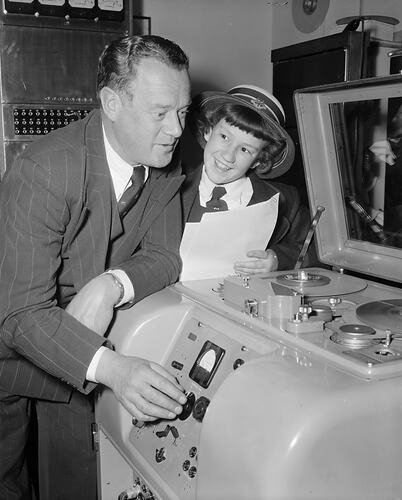 Broadcast Exchange, People with Record Player, Melbourne, Victoria, Sep 1954