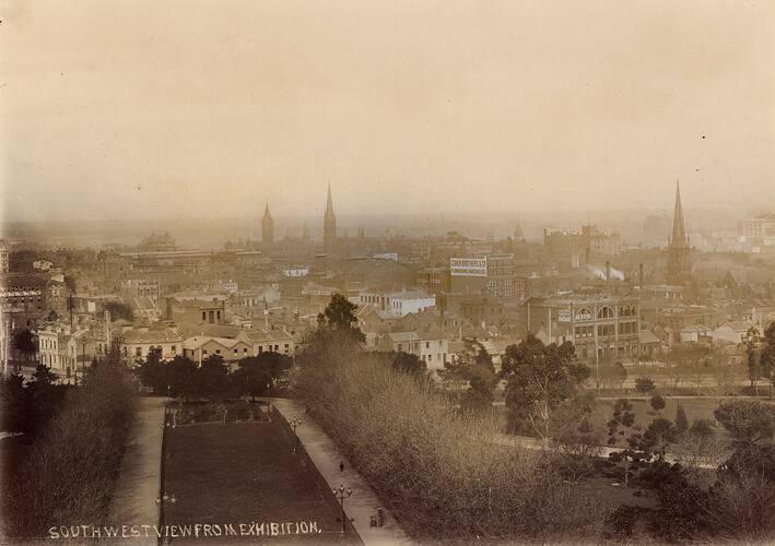 View from tower looking towards gardens and city.