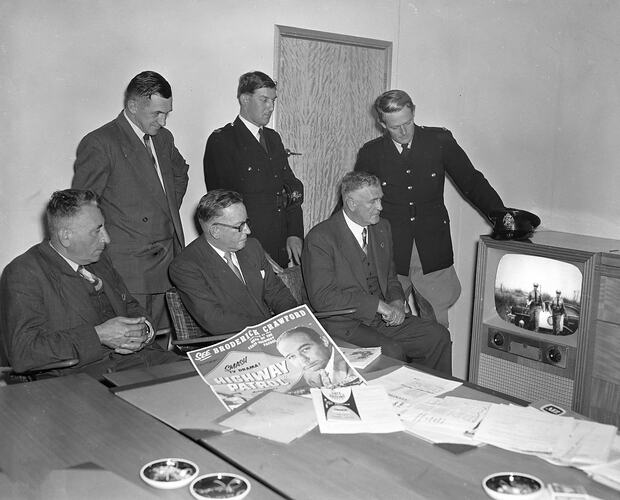 Six Men Watching the Television Series 'Highway Patrol', Melbourne, Victoria, 1956