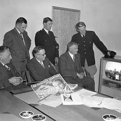 Negative - Six Men Watching the Television Series 'Highway Patrol', Melbourne, Victoria, 1956