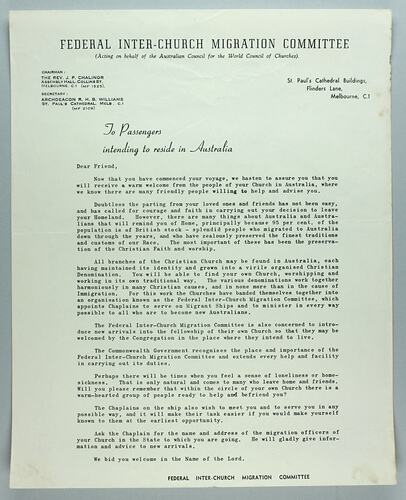Letter - 'Federal Inter-Church Migration Committee', Melbourne, circa 1960