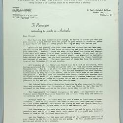 Letter - 'Federal Inter-Church Migration Committee', Melbourne, circa 1960