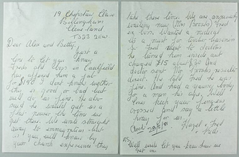 Letter - To Alex & Betty Barlow from Fred and Hazel Lawson, Billingham, Feb 1981