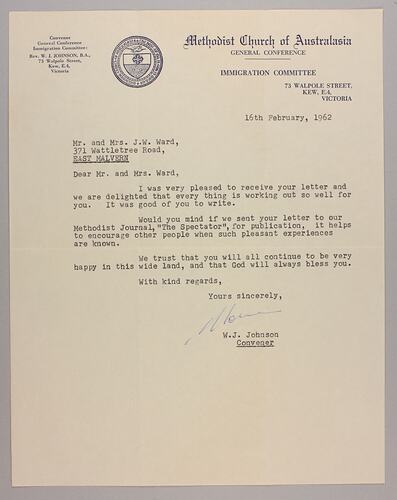 Letter - To Mr & Mrs Ward from Methodist Church of Australasia Immigration Committee, Kew, Victoria, 16 Feb 1962
