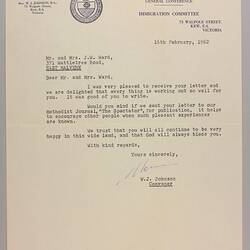 Letter - To Mr & Mrs Ward from Methodist Church of Australasia Immigration Committee, Kew, Victoria, 16 Feb 1962