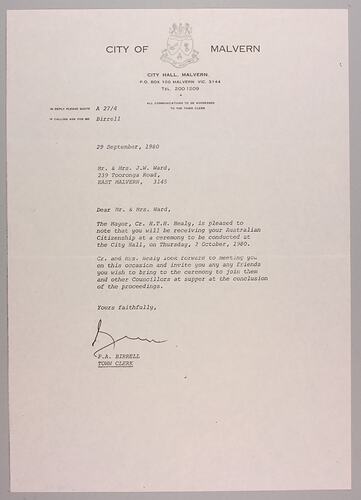 Letter - To Mr & Mrs JW Ward from City of Malvern, Malvern, Victoria, 29 Sep 1980