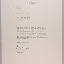 Letter - To Mr & Mrs JW Ward from City of Malvern, Malvern, Victoria, 29 Sep 1980