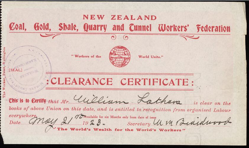 Paper certificate with rubber-stamped seal.