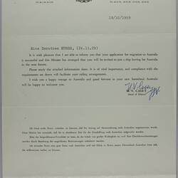 Letter & Information Sheet - Australian Migration Mission, Vienna to Dorothea Huber, 19 Oct 1959