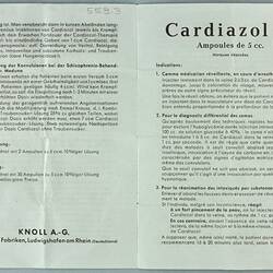 Leaflet - Drug, Cardiazol (Pentylenetetrazol), Knoll A.G. Chemical Works, circa 1950