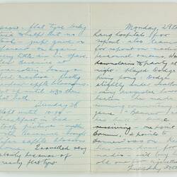 Open book, 2 cream pages dated Sunday 28. Cursive handwritten text in blue/black ink. Page 52 and 53.
