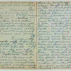 Open book, 2 cream pages with faint grid pattern. Cursive handwritten text in blue ink. Page 30 and 31.