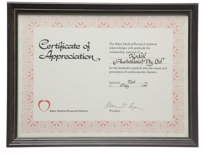 Certificate - Baker Medical Research Appreciation, Presented to Kodak, Framed, 1995