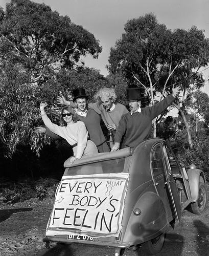 Phelan Ready Built Home, Group Standing in a Car, Mount Martha, Victoria, 13 May 1959