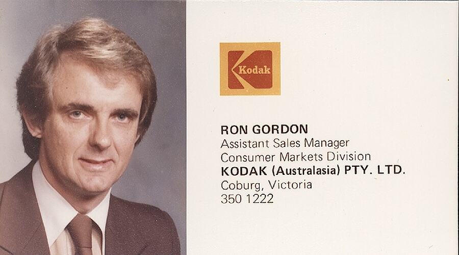 Business Card - Ron Gordon, Assistant Sales Manager, Consumer Markets Division, Kodak Australasia Pty Ltd, Coburg, 1981-1984