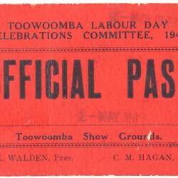 Ticket - Toowoomba Labour Day, 1947