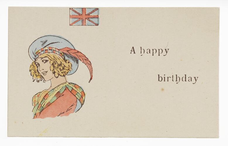 Card with 'A happy birthday' printed next to woman in national costume, below a Union Jack.