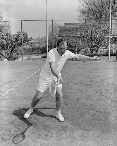 Man Playing a Tennis Match, Clendon Rd, Toorak, Victoria, 09 Oct 1959