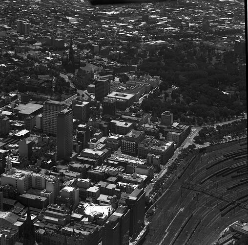 Monochrome aerial photograph of Melbourne.