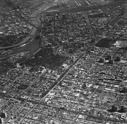 Monochrome aerial photograph of Melbourne.