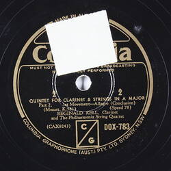 Disc Recording - Columbia Graphophone Pty. Ltd., Double-Sided, 'Quintet For Clarinet & Strings In A Major', Parts 1 & 2, 1930s