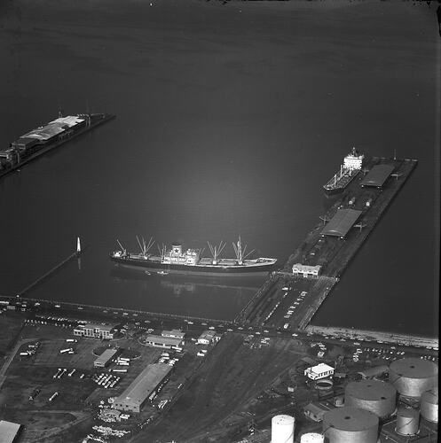 Monochrome aerial photograph of Port Melbourne.