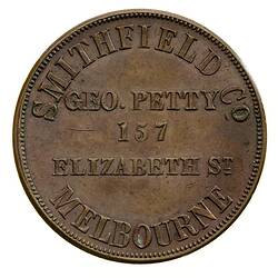 Token - 1 Penny, George Petty, Smithfield & Co, Butchers, Melbourne, Victoria, Australia, circa 1855