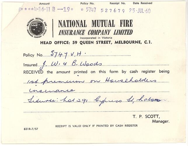 Receipt - National Mutual Fire Insurance Company, John Woods, Lalor, 25 Jul 1960