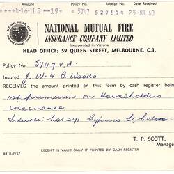 Receipt - National Mutual Fire Insurance Company, John Woods, Lalor, 25 Jul 1960