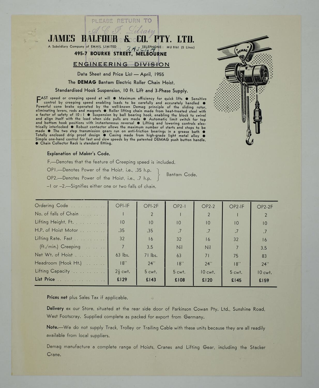 Data Sheet James Balfour & Co, Electric Hoists, 1955