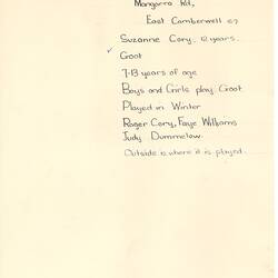 Document - Suzanne Cory, Addressed to Dorothy Howard, Descriptions of Marbles Game 'Goot', 1954-1955