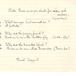 Document - Carol Taggart, Addressed to Dorothy Howard, Transcriptions of Riddles & a Tongue Twister, 1954-1955