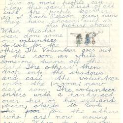 Document - Isobel Abel, Addressed to Dorothy Howard, Description of Chasing Game 'Blind Tiggy in the Dark', 25 Aug 1954