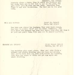 Document - Bill Whitehouse, Addressed to Dorothy Howard, Descriptions of Elimination Game 'Pop goes the Weasel', Chasing Game 'Cops and Robbers' & War Game 'Cowboys and Indians', Aug 1954
