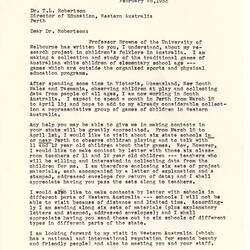 Letter - Dorothy Howard, to T. L. Robertson, Request for Assistance with Research Project, 26 Feb 1955