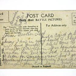 Back of postcard with extensive handwriting.