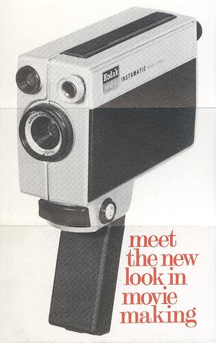 Small leaflet featuring large photograph of movie camera.