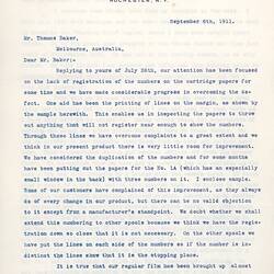 Letter - George Eastman to Thomas Baker, 06 Sep 1911