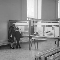Woman and child visiting agricultural displays in Swinburne Hall, Institute of Applied Science (Science Museum), Melbourne, 1969