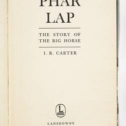 Book - Isabel Carter, 'Phar Lap, The Story of the Big Horse', 1964