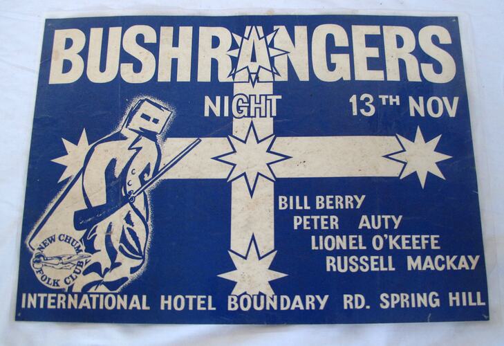 Photograph of a Poster - 'Bushrangers Night', Featuring Peter Auty, Spring Hill, Qld, 1977-1999