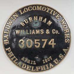 Locomotive Builders Plate - Burnham, Williams & Co., Baldwin Locomotive Works, Philadelphia, USA, 1907